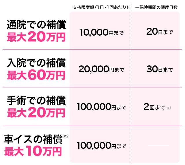PS保険の年間補償限度額:通院最大20万円、入院最大60万円、手術最大20万円、車イス最大10万円